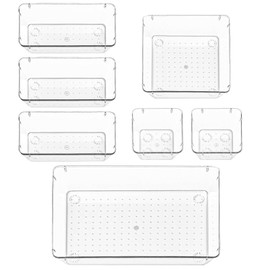 YueXing Drawer Organiser Set, Clear Makeup Trays Plastic, Desk Drawer Dividers Dresser Storage Bins Separation Box for Bathroom, Office, Cosmetic, Jewelries and Gadgets, Bedroom (7pcs)