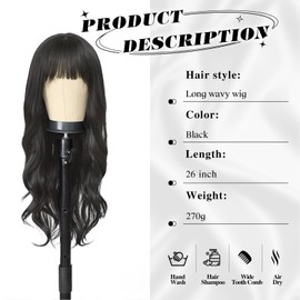 AISI QUEENS Black Wig for White Women,Synthetic Wig Black Wig with Bangs 26 Inch Long Natural Looking Wavy Wig for Cosply Daily Party Use