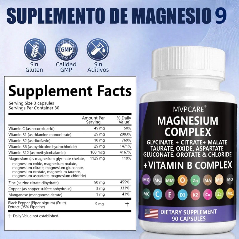 9 In 1 Magnesio Complex 90 Cps Glicinato De Magnesio