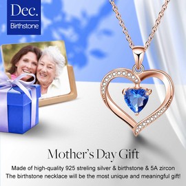 Winglove Forever Love Heart Necklace 18K Gold Plated 925 Sterling Silver Birthstone Pendant Necklace with 5A Cubic Zirconia Birthday Gifts for Women and Girls.(Rose Gold-Dec-Blue Topaz)