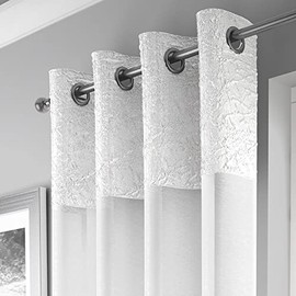 Maple Textiles A Pair of White 90" Drop Eyelet Heading Voile Crushed Metallic Satin Curtain Panel Ring Top Available in 3 sizes (2, White, 90"(229cm) Drop)