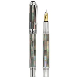 Xezo Maestro Fountain Pen, Medium Nib. Handcrafted with Black Mother of Pearl Inlay. Platinum Plated. Limited Edition, Serialized. No Two Alike