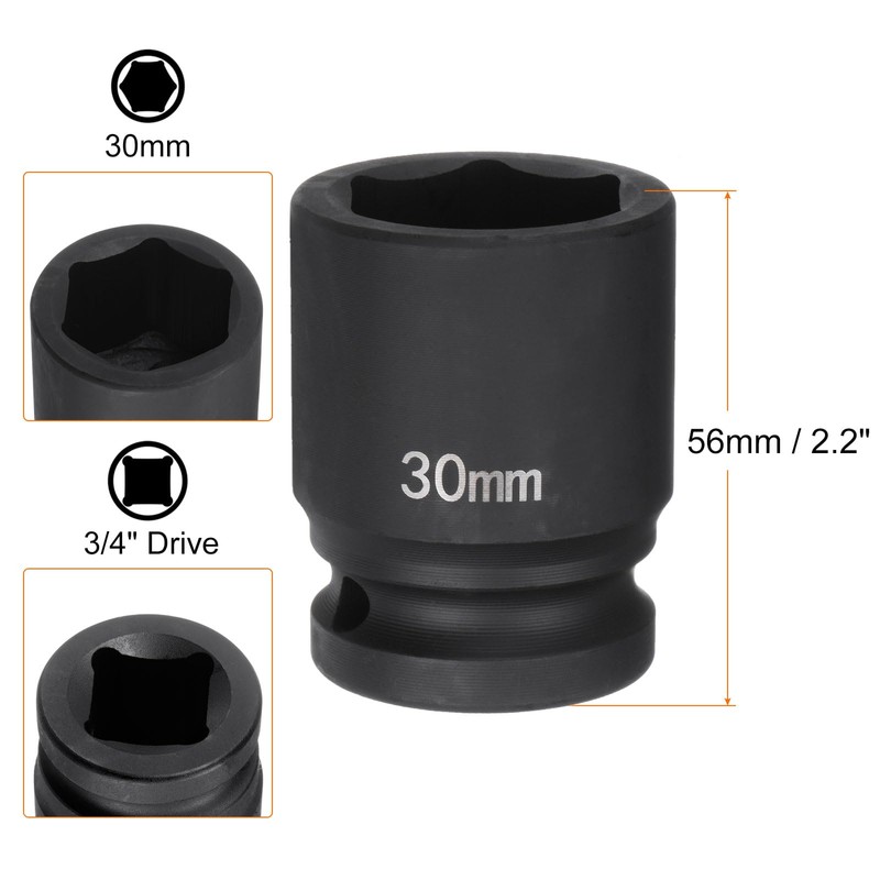sourcing map 6-Point Impact Socket 3/4" Drive 30mm Metric 40Cr
