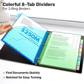 Dunwell 2-Pocket 8-Tab Divider Pockets, (3 Sets, 24 Count), 5 Colors, Plastic 8 Subject Notebook Tab Dividers for 3-Ring Binders, Includes Label Inserts, Durable Acid-Free Poly