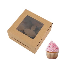 Yucenora 8 Sets Cupcake Boxes with Window, 4 Count Cupcake Containers for Birthday Party Bakery Supplies (Brown)
