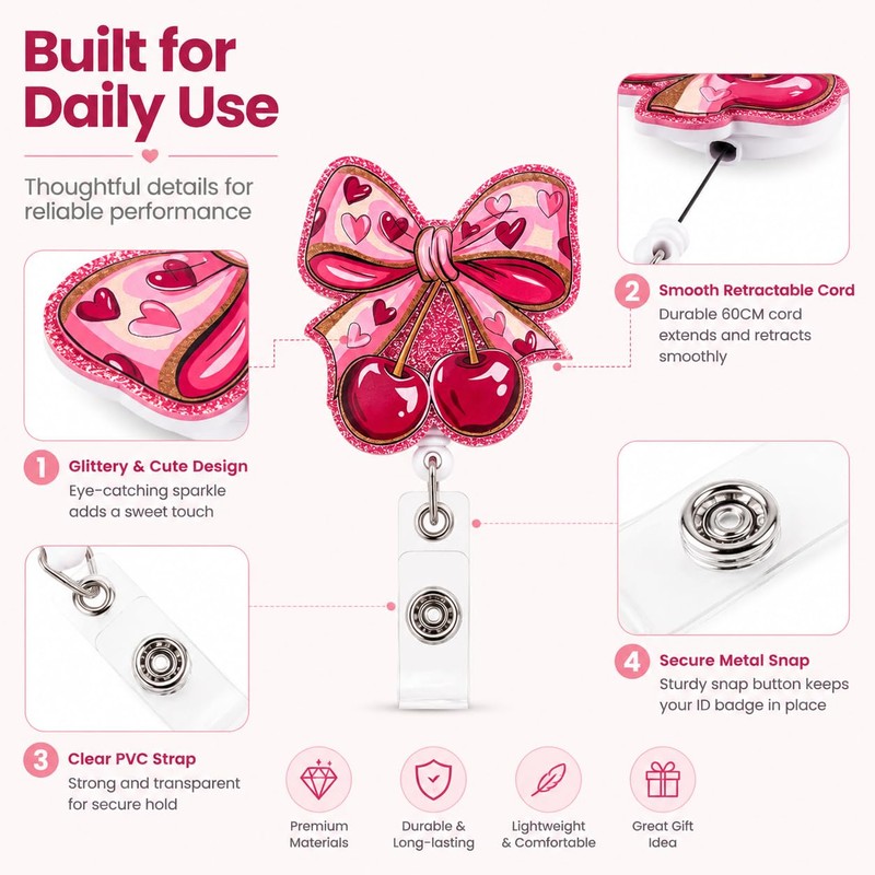 Badge Reel Cute Retractable ID Card Holders with Clip, Pink