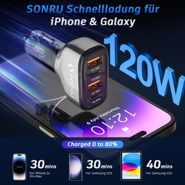 SONRU 120W Auto Ladegeräte USB C, KFZ Zigarettenanzünder USB C Kfz Ladegerät 12V / 24 V USB Auto Car Charger 2 PD 60W Max+2 QC 30W, Schnellladung Zigarettenanzünder Adapter