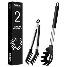 Spaghetti Spoon and Pasta Tong, Non-stick Silicone Spoon Server Fork with teeth and Stainless Steel Handle Spaghetti Tong, Food Clip for Spaghetti Noodle, Black