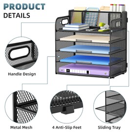 Marbrasse 5 Tier Paper Organizer with 3 Pen Holders, Mesh Desk File Organizer with Handle, Paper Sorter Desk Organizer for Home Office Supplies(Black)