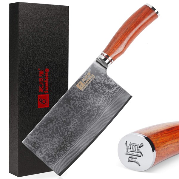 SUNLONG Meat Cleaver 7 inch Chinese Vegetable Cleaver -Japanese Hammered Damascus Steel-Bloodwood Handle