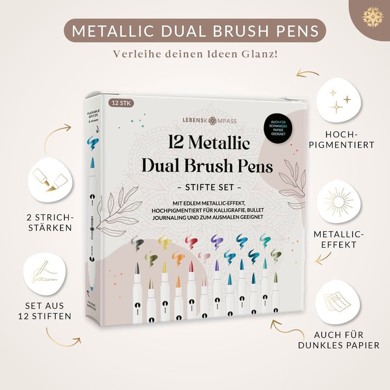LEBENSKOMPASS® Metallic Dual Brush Pen Set with 12 Water-Based Colourful