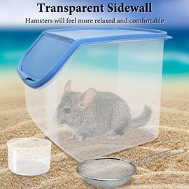 BNOSDM Large Chinchilla Sand Bath Container Large Chinchilla Dust Bath Tub Transparent Hamster Toilet Shower Room Plastic Hamster Bathroom Kit with Leaky Scoop for Big Mice Hedgehog Squirrel (Blue)