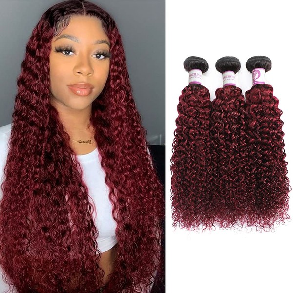 Ombre Dark Red Curly Weave Human Hair 3 Bundles 99J Brazilian Curly Hair 100g/Bundles Burgundy Kinky Curly Human Hair Extensions for Black Women (16"18"20")