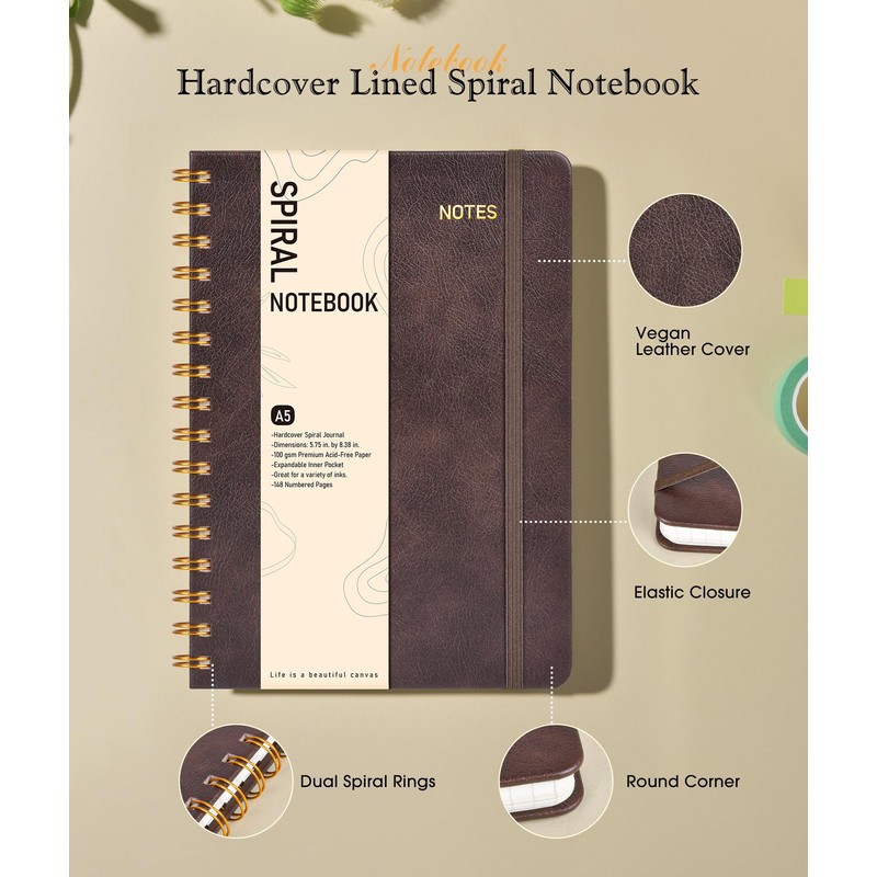 Dotted Spiral Journal Notebook, A5 Hardcover Spiral Journals for Women