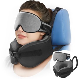 YFONG Travel Pillow for Long Flight Airplanes, Head Strap Combo with 3D Contoured Eye Mask for Sleep, Neck Pillow for Car Trip Essential, 360° Support Memory Foam Headrest, Prevent Head Bobbing, Grey