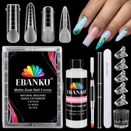 EBANKU Poly Gel Nail Forms Kit - 4 Shapes Reusable Dual Forms for Builder Gel, Nail Mold Kit with 2.5oz Slip Solution, Brush, File, 5PCS Clips - 12 Sizes