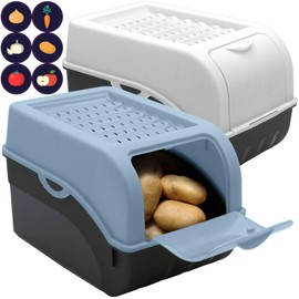 ARTECSIS Potato Storage Box, Dove Blue + White, Set of 2, Vegetable Box, Potato Box with Lid for Approx. 4 kg Potatoes + 6 Stickers with Vegetables