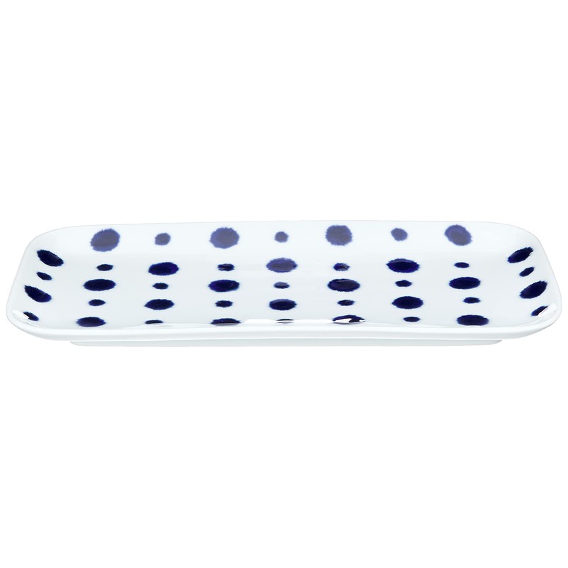 Hasami Ware Indigo Aidama Rectangular Plate, Indigo Stained Polka Dots