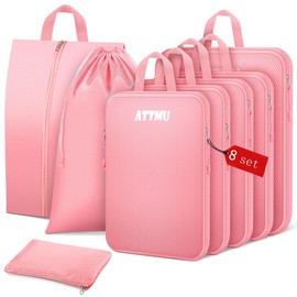 8 Set Compression Packing Cubes, Expandable Packing Cubes for Travel Essentials Accessories, Travel Compression Bags for Packing with Shoes & Laundry Bags for Carry on Luggage Suitcase (Pink)