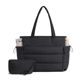 LOVEVOOK Tote Bag for Women with Giant Tumbler Holder Pocket, Puffer Work Travel Handbag with Zipper for Nurse Teacher, Quilted Cute Laptop Shoulder Purse with Compartments for Office Gym, Black