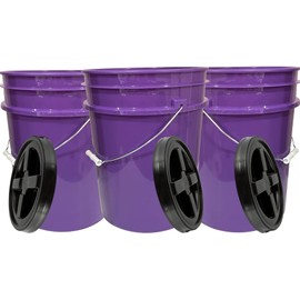 House Naturals 5 Gallon Purple Food Grade Plastic Bucket with Screw on Airtight lid, BPA Free, Made in USA (Pack of 3) (Purple Buckets with Black lids)