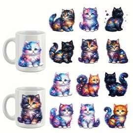 12 unidades de adhesivos de transferencia de animales con gato estrellado UV DTF para tazas de vidrio, muebles, manualidades, manualidades, calcomanías de transferencia para botellas de agua, laptop