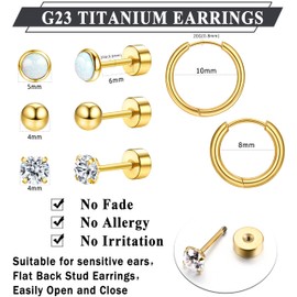 KRFY 5Pairs Titanium Earrings for Women Men G23 Titanium Stud Hoop Earrings Opal Cubic Zirconia Ears Piercing Hypoallergenic Titanium Earrings Studs 20G Flatback Hoops Studs Earrings for Women Girls