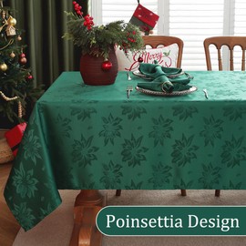 SASTYBALE Christmas Tablecloths Rectangular, Jacquard Xmas Table Cloth with Poinsettia Flowers, Spill Proof Heavy Duty Table Cover for Parties Winter Holiday Decor (Rectangle, 60" x 120", Green)