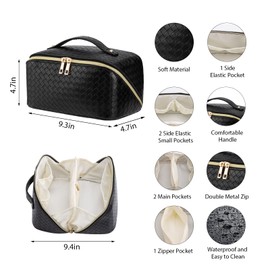 VERNASSA Large Capacity Travel Makeup Bag for Women, Waterproof Portable Cosmetic Bag with Compartments, Foldable Flat Lay Design for Easy Access, Perfect for Toiletries & Beauty Essentials (Black)