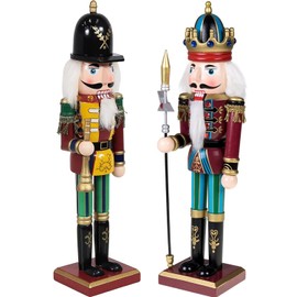 KAHEIGN 2Pcs Wooden Nutcracker Soldiers, 2 Style 30CM Christmas Traditional Nutcracker Figures Premium Pine Wood Painted Soldier for Home Fireplace Christmas Tree Party Decoration (Trumpet & Spear)