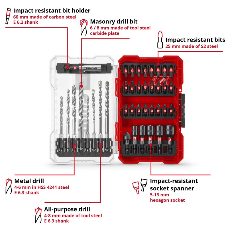 Original Einhell M-Case 39-Piece Impact-Resistant Accessory Set (25 Mm bits,