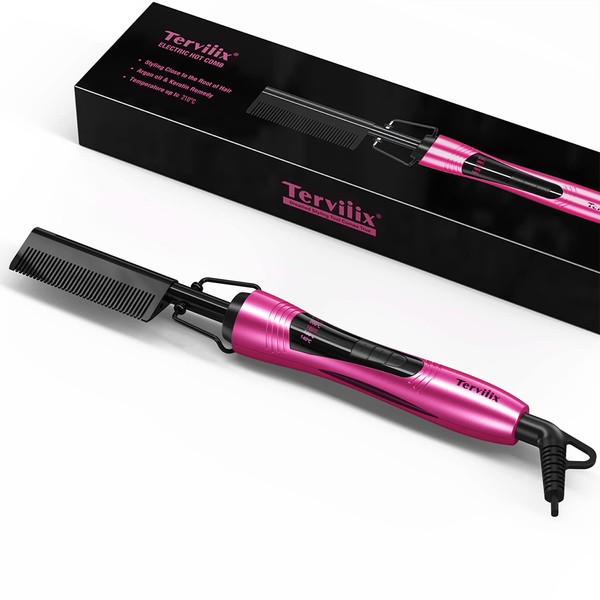 Terviiix Electric Hot Comb for Wigs, Afro Hair & Beard, Anti-Scald Pressing Comb for Natural Black Hair with Keratin & Argan Oil Infused Teeth, Temperatures Adjustable, 60 Min Auto Shut Off,Pink
