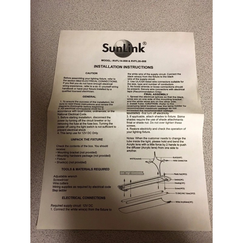 SUNLINK 2 PACK RV SUNLINK 12 VDC FLUORESCENT FIXTURE RVFL14-008