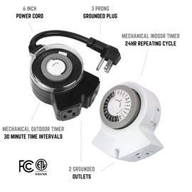 Clear Power 2-Outlet Indoor 24 Hour Mechanical Timer with Outdoor 24 Hour 2 Outlet Outdoor Mechanical Timer with 6 inch Cord, CPCO95002