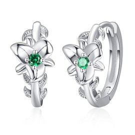 PRAYMOS 925 Sterling Silver Birthstone Flower Earrings Birthstone Hoop Earrings for Women Jewellery Gifts, Silver