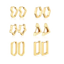 6 Pairs Gold Plated Stainless Steel Hoop Huggie Eearrings Sets for Women, Hypoallergenic Gold Cute Earrings Gift Star Love Geometric Shape Dangle Drop Earrings, Gold