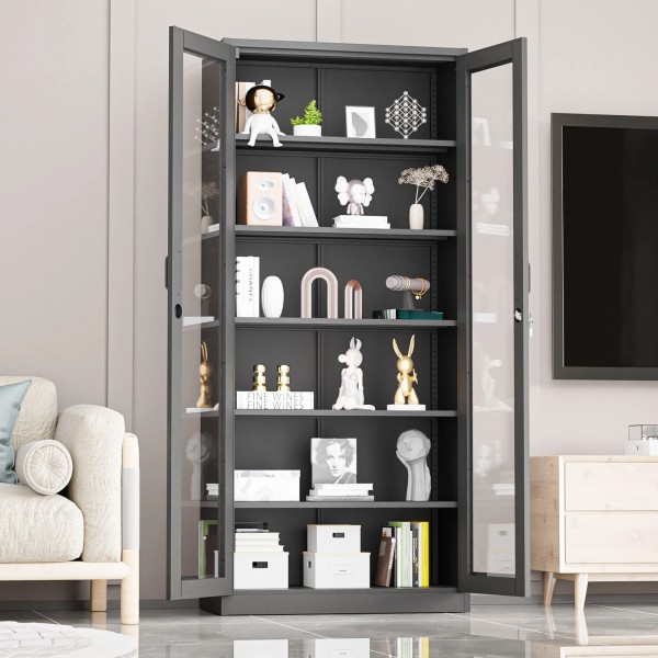 Unbranded Adjustable Shelf Cabinet 71" Tall Glass Doors Lockable Anti-Tip