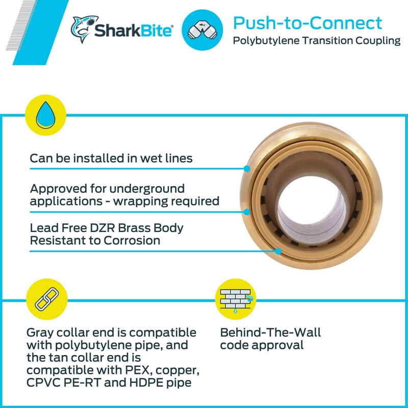 SharkBite 3/4 Inch Polybutylene Transition Coupling, Push to Connect Brass