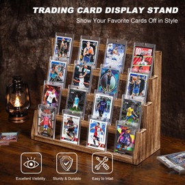 Emfogo Card Display Stand, 4-Tier Trading Card Display, Wooden Graded Baseball Sports Card Display, Trading Card Display Case for Card Collection & Show (Brown)