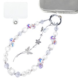 Fofvccv Crystal Butterfly Phone Strap Beaded Lanyard Wrist Chain, Handmade Pearl Keychain Women Girls Y2K Cute Accessories Charm for Phone, Bag, Backpack (White Butterfly)