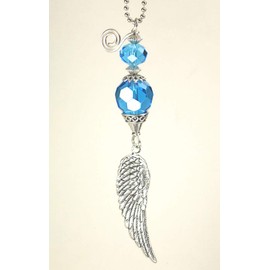 Turquoise Blue Faceted Glass with Silver Angel Wing Rear View Mirror Car Ornament Charm