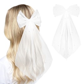 2 Pcs Bridal Hair Bow Veil with Pearl White Wedding Veil with Barrette Large Bowknot Lace Hair Barrettes with Pearl Wedding Bridal Bow Veil Hair Clip for Bachelorette Party Bridal Shower