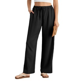 Feiersi Women's Casual Pants Drawstring Elastic Waist Pants Flowy Wide Leg Beach Trousers with Pockets(Black,Medium)