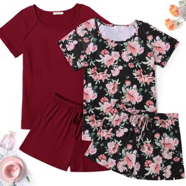 Ekouaer 2 Pack Pajamas Womens Short Sleeve Sleepwear Soft Crew Neck Pj Shorts Set Printed Loungewear Set with Pockets Black Pink Floral Wine,Medium