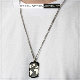 World Map Men's Dog Tag Pendant - Stainless Steel with Black Detailing, 24-Inch Cuban Chain