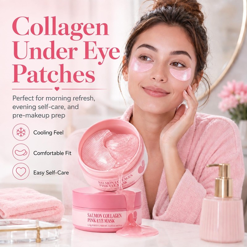 Collagen Eye Patches,Pink Under Eye Mask for Dark Circle, Puffy
