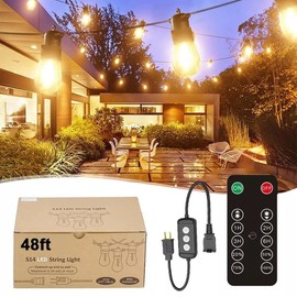 Guntsous S14 LED Outdoor String Lights with Remote Control 48FT with Edison Vintage Shatterproof Bulbs and Weatherproof Lights for Balcony, Patio, Porch, Backyard (48FT 15LED w/Remote)