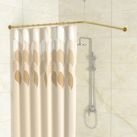 Yampos L Shaped Corner Shower Curtain Rod, 24"-53" x 24"-53" Adjustable 90 Degree Curved Bathroom Rod 304 Stainless No Sag with 12 Hooks & Ceiling Support - Gold