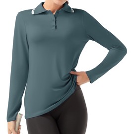 GGOV Women's Golf Polo Shirts Long Sleeve Workout Tops UPF 50+ Sun Protection Quick Dry Lightweight Active Tennis Shirts Mist Blue