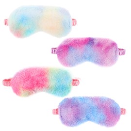 4 Pieces Plush Eye Mask Soft Fluffy Furry Eye Cover Comfortable Rainbow Color Sleeping Blindfold with Elastic Strap Faux Fur Eye Shade for Women Kids Teens Girls Travel Nap Party